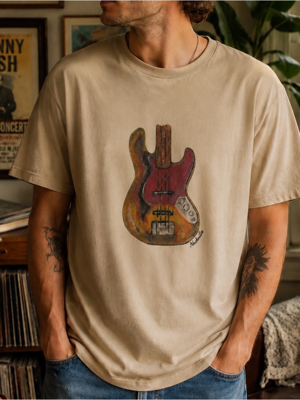 Bella + Canvas Nashville Bass Guitar Graphic Tee 2XL | Neutral Cottagecore Indie